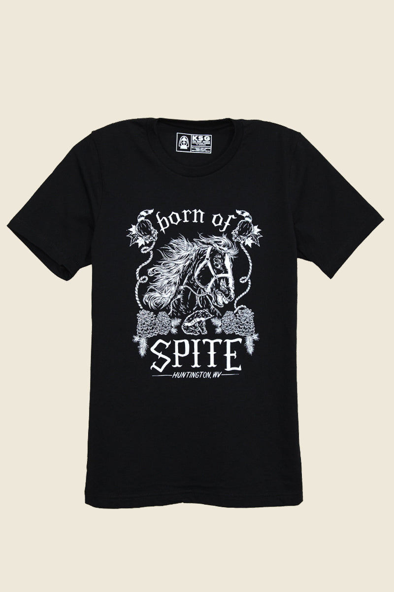 Official McElroy podcast merch: Black T-shirt with 'Born of Spite' and a fierce horse illustration. Available at Kin Ship Goods.