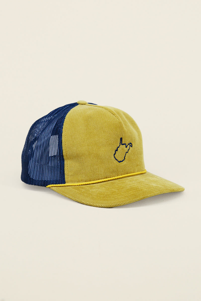 Gold and navy Kin Ship Goods trucker hat with corduroy front, mesh back, and navy WV state outline