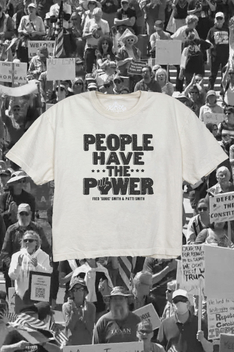 Kin Ship Goods cropped t-shirtwith bold “People Have the Power” lyric from our Patti Smith collab. Cream with black print.








