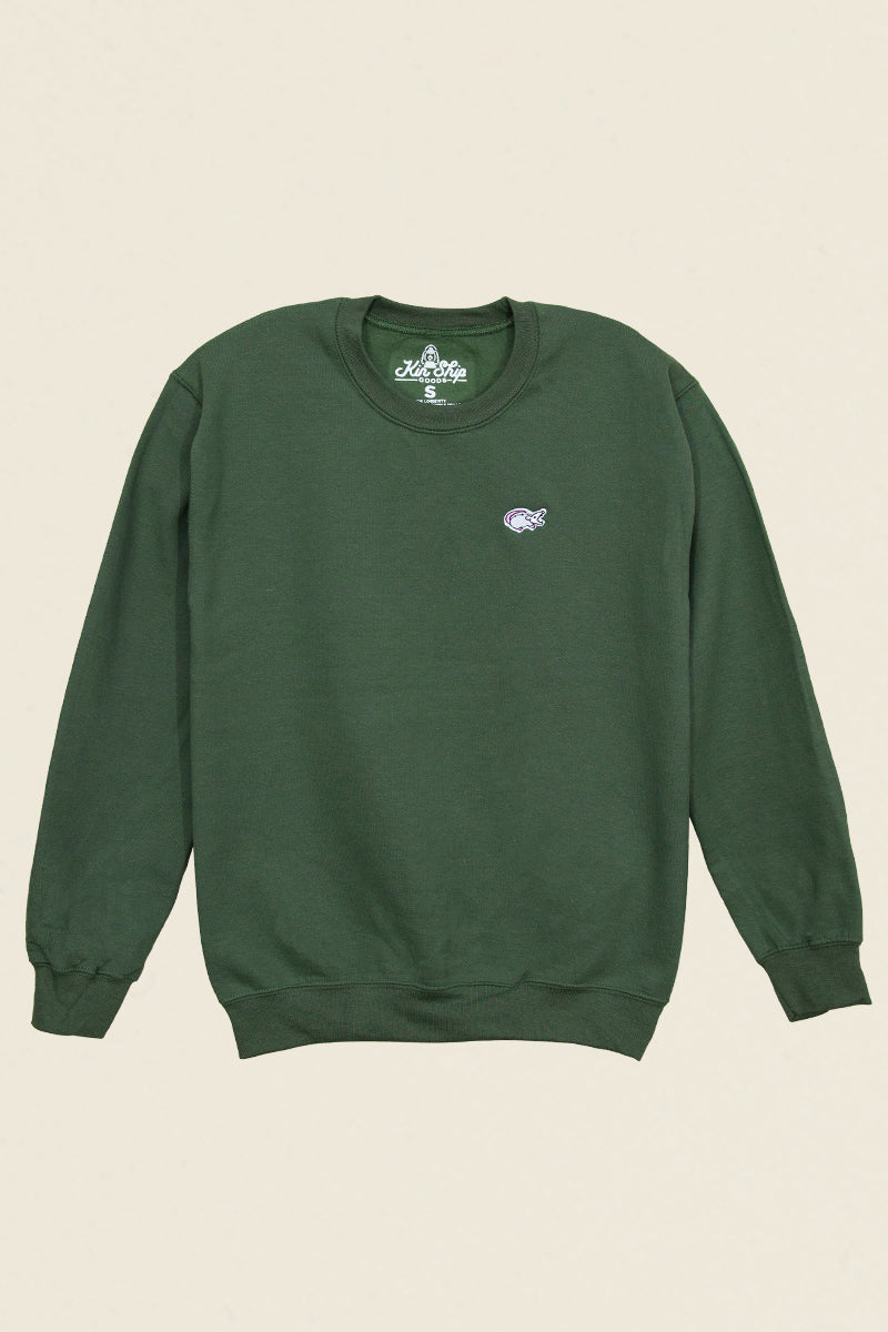 Forest green Kin Ship Goods sweatshirt with small embroidered possum patch on chest, laid flat on neutral background.