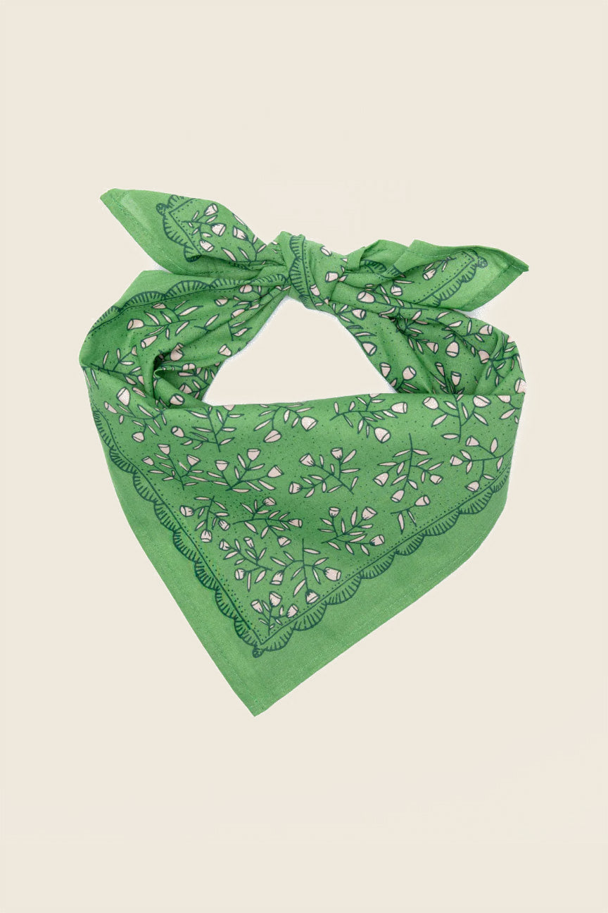 Hemlock Goods floral kelly green cotton bandana, perfect for hikes, pets, or styling outfits—designed in the USA. Sold by Kin Ship Goods.