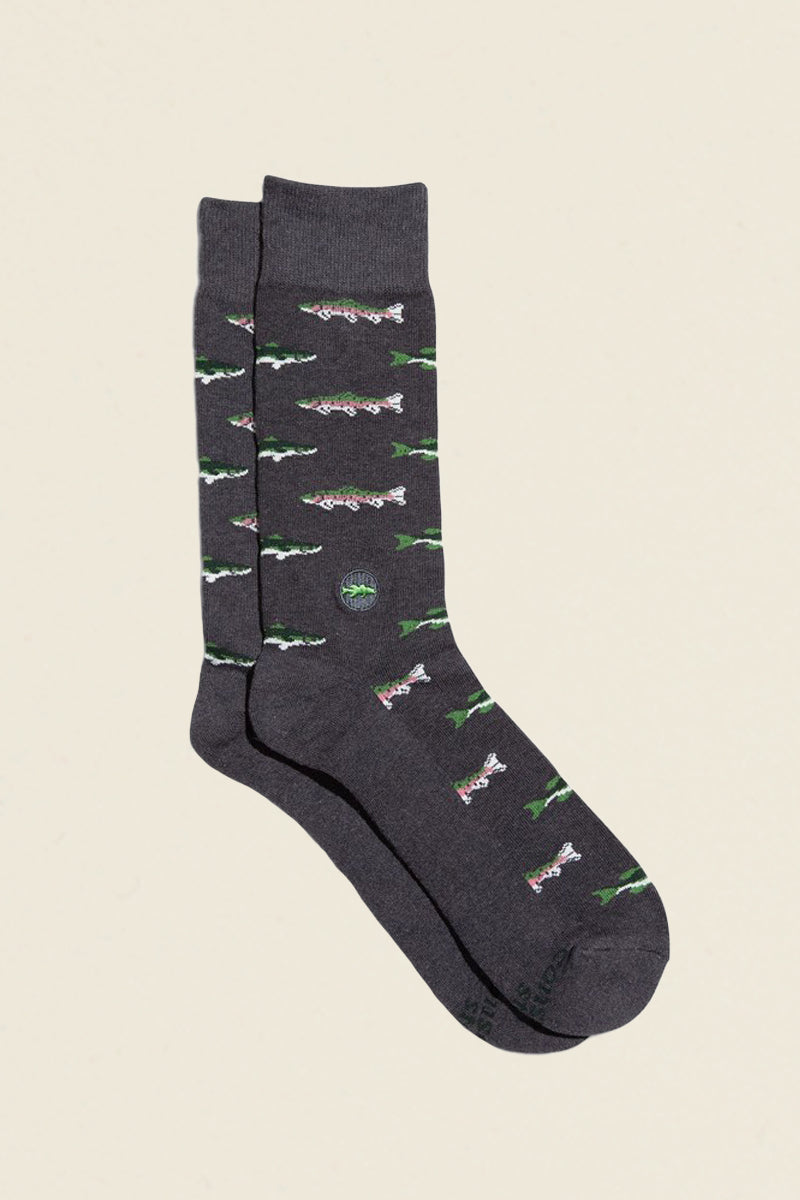 dark grey socks with trout and bass design