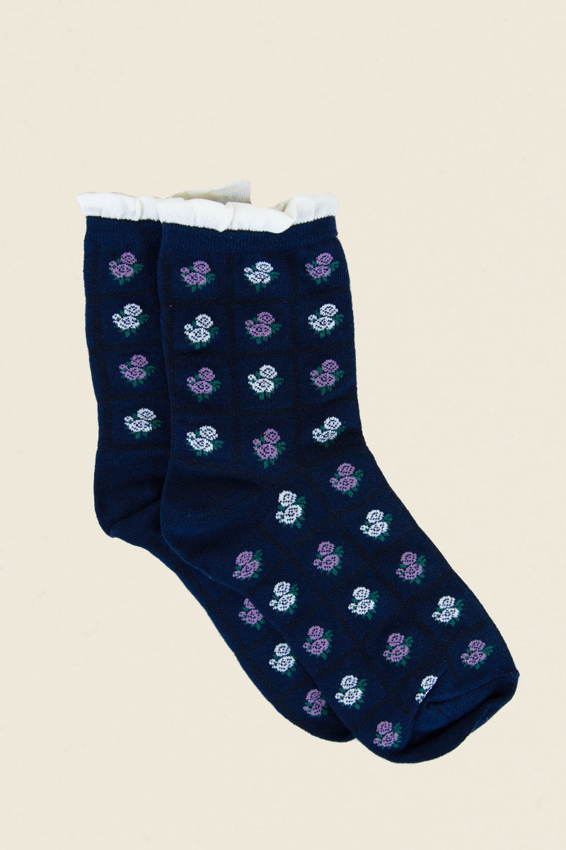 womens navy antique floral socks kin ship goods