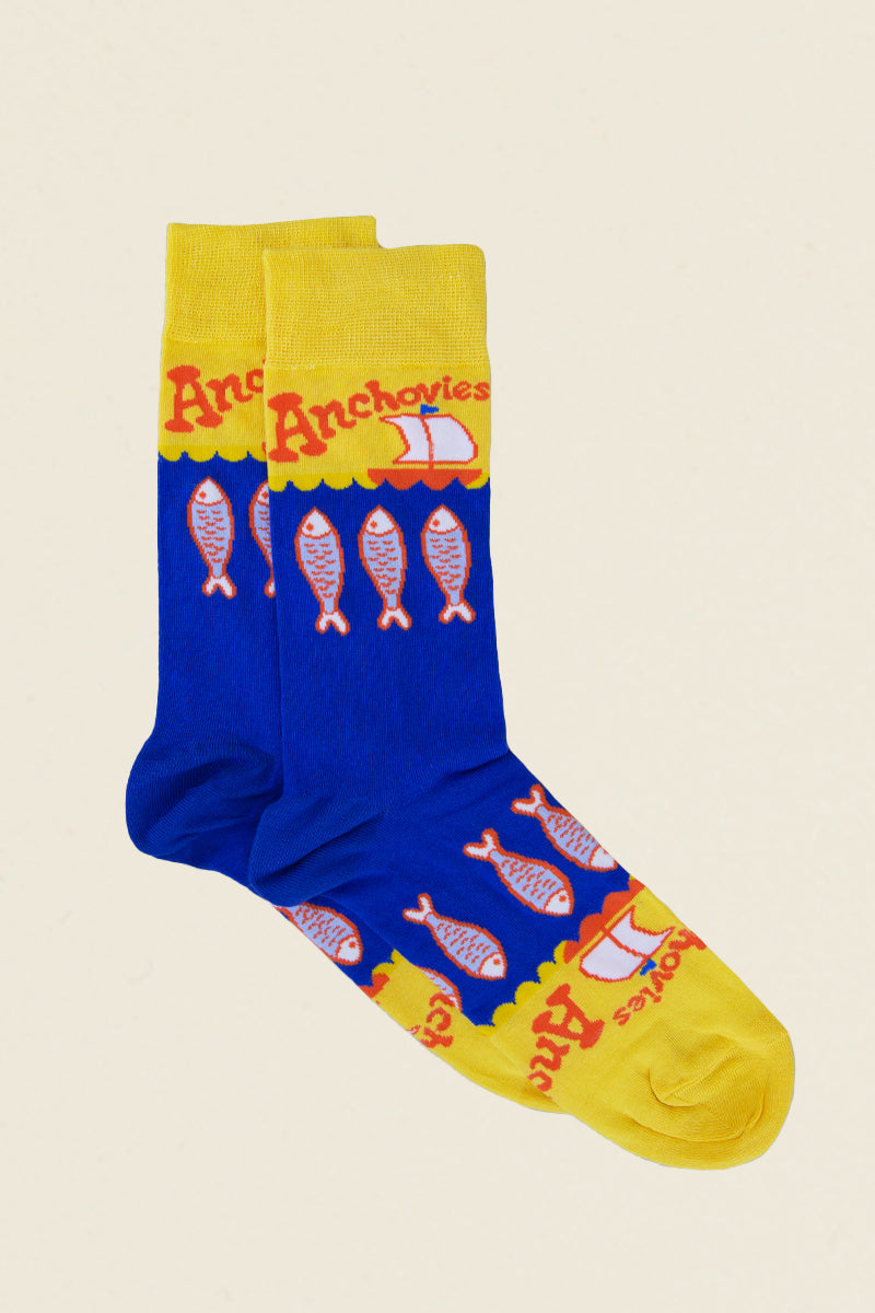 blue and yellow anchovies socks