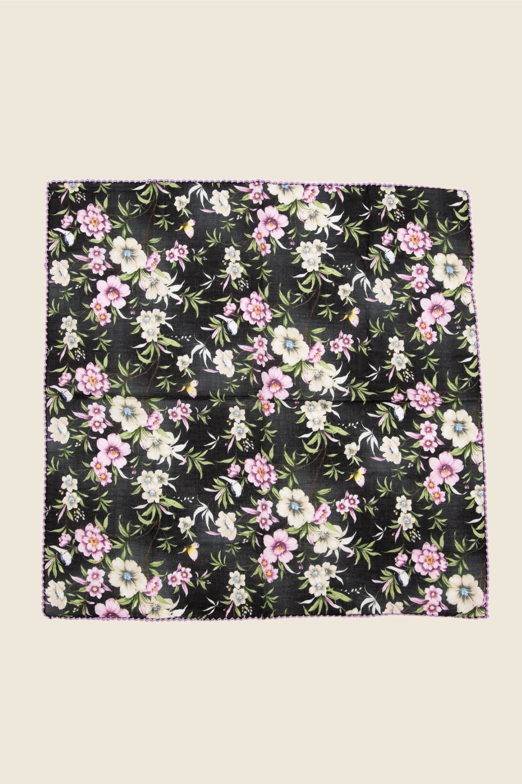 Kin Ship Goods Ann Floral Bandana with cream, blush, and violet flowers on black background