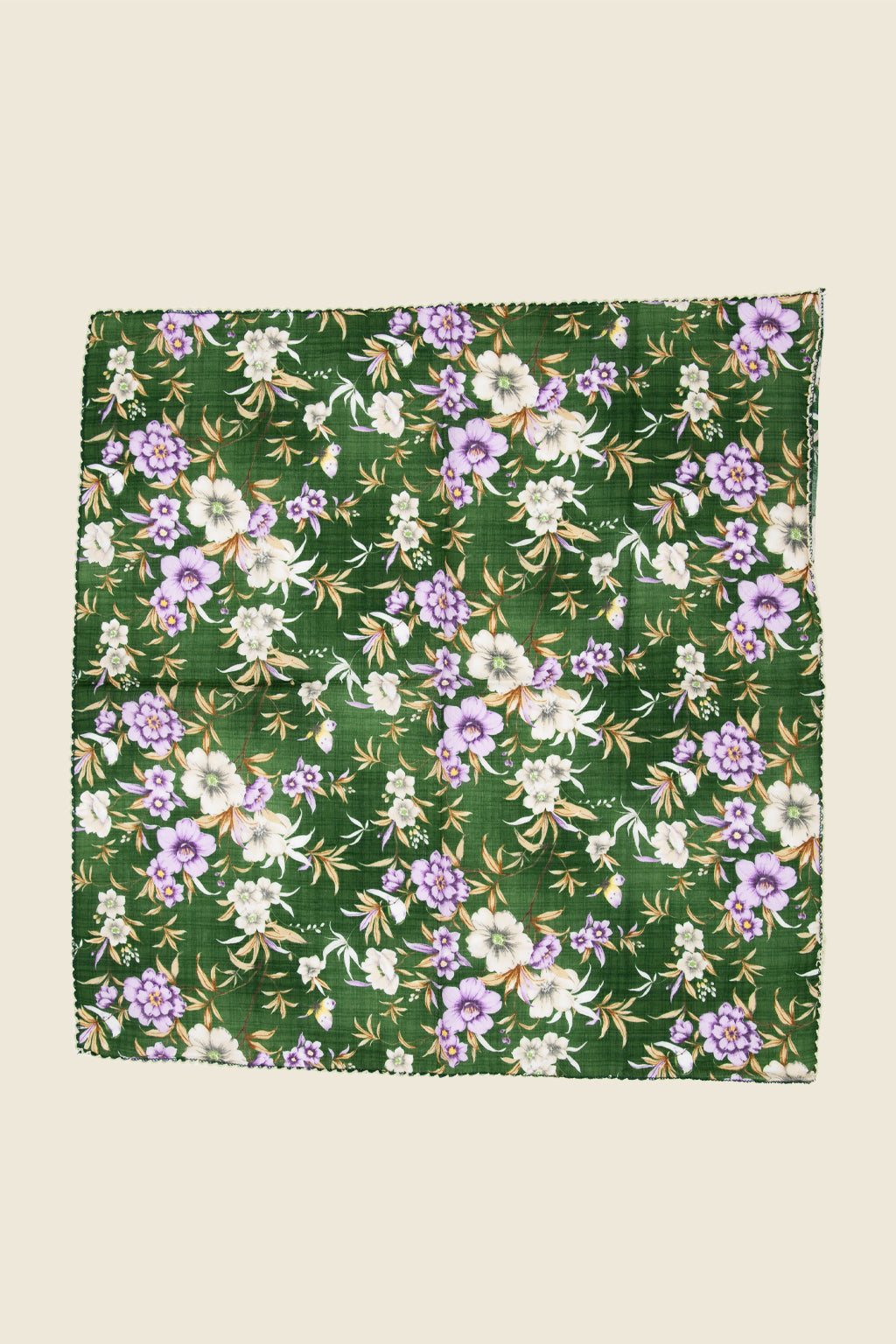 Kin Ship Goods Ann Floral Bandana in green with cream, violet, and golden flowers, vintage-inspired accessory