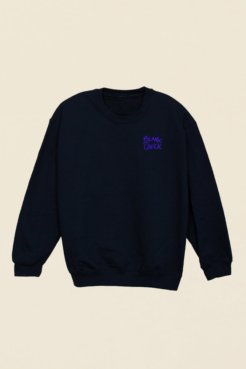 Kin Ship Goods Blank Check Podcast black sweatshirt with purple logo on chest