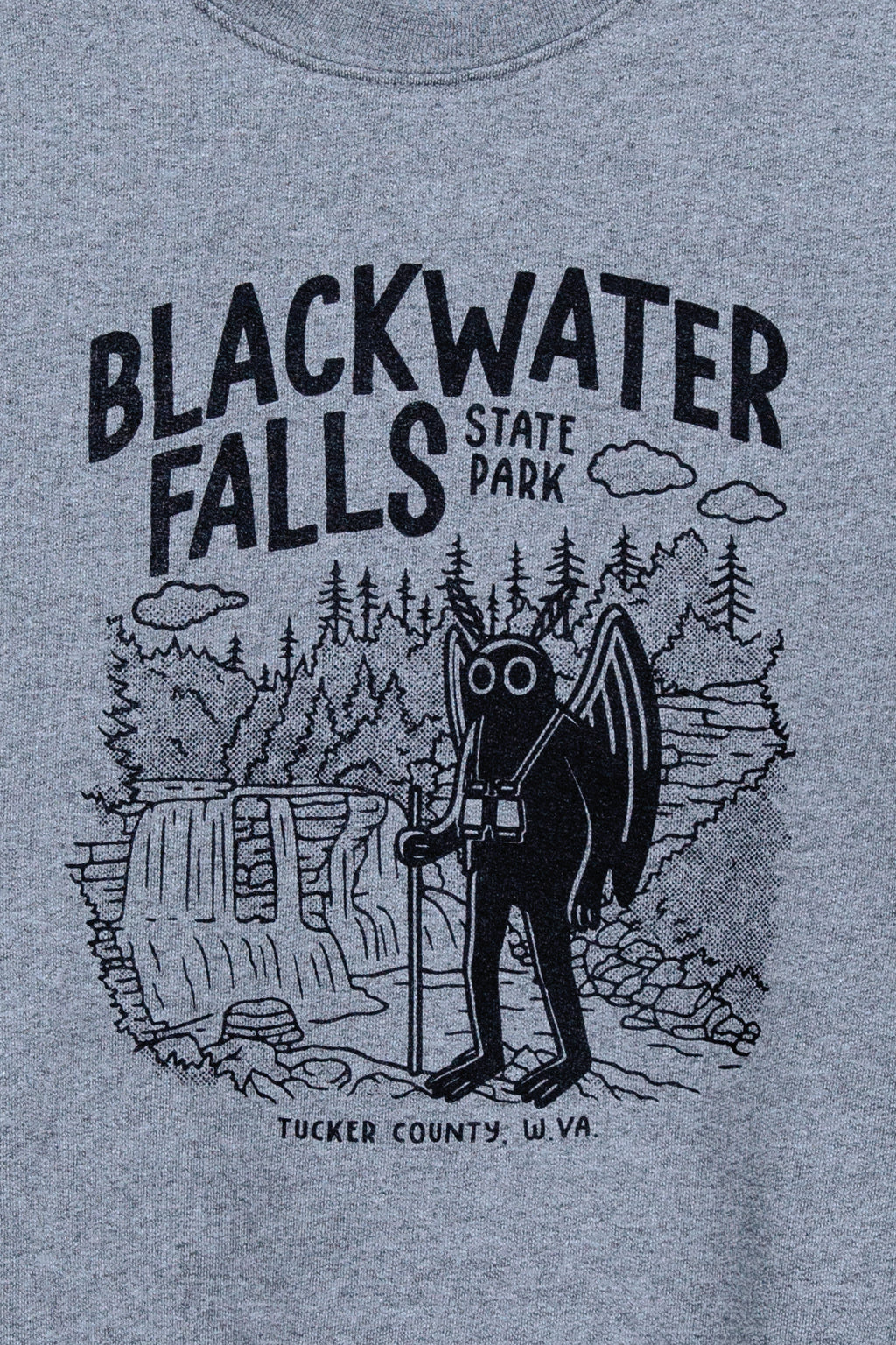 Mothman hiking Blackwater Falls State Park grey crewneck.