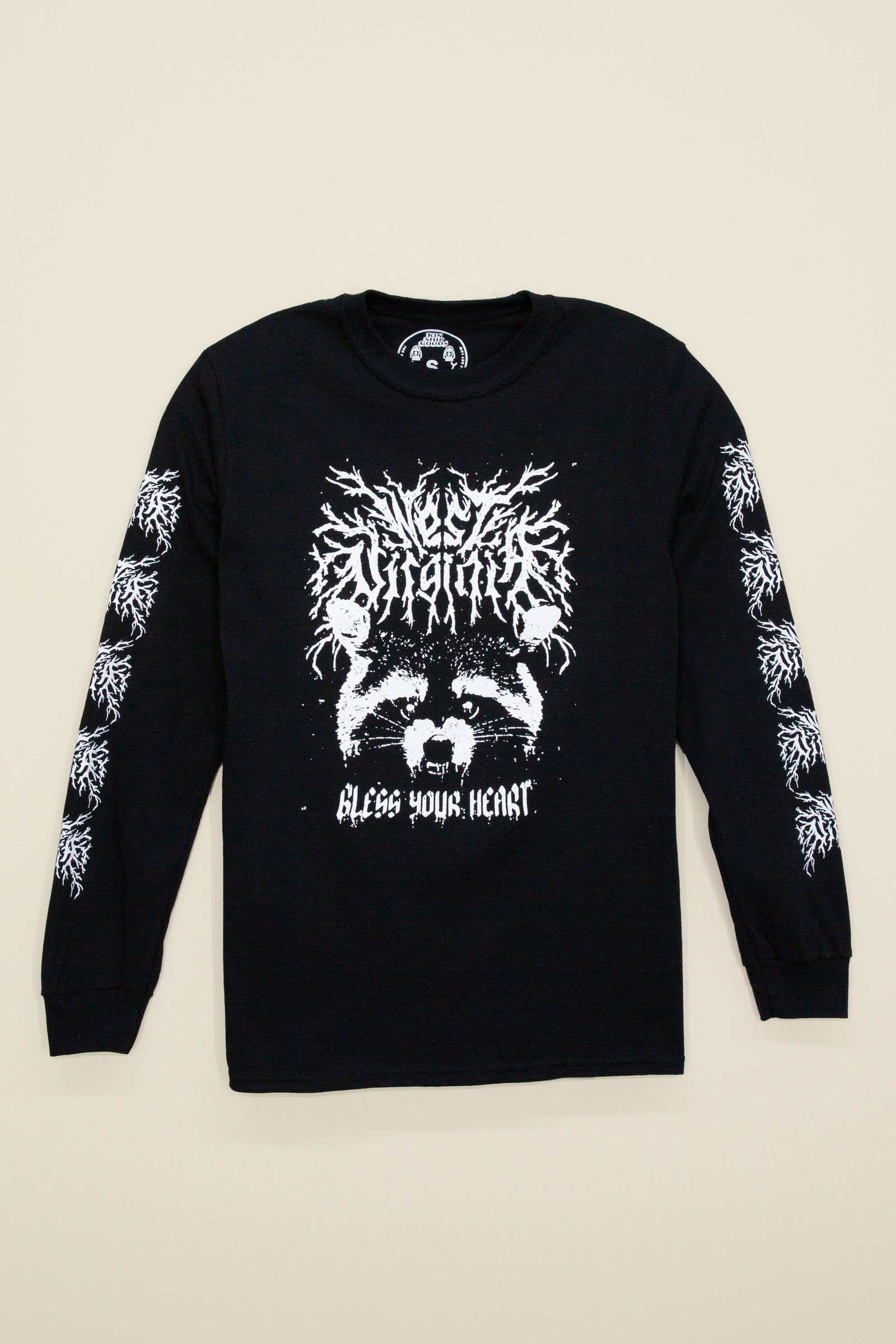 Black Kin Ship Goods long sleeve tee with white black-metal style raccoon graphic and tree-like sleeve art, laid flat.