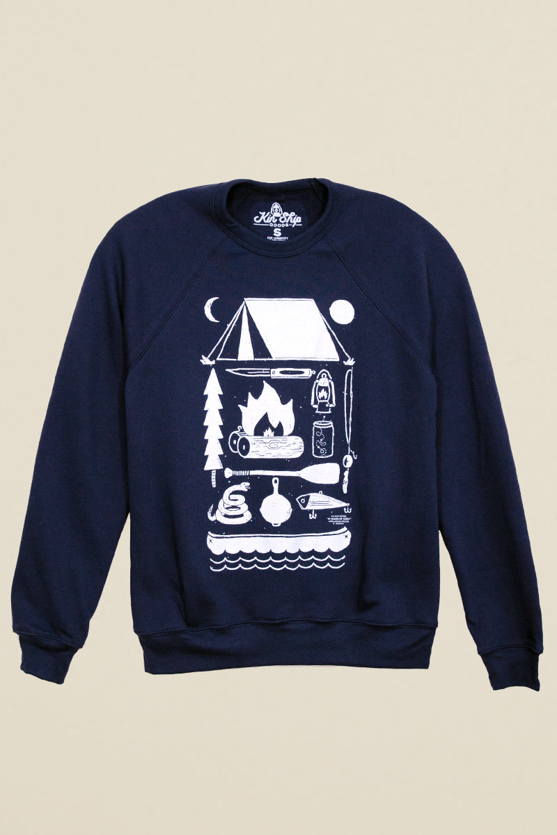 navy camping sweatshirt kin ship goods