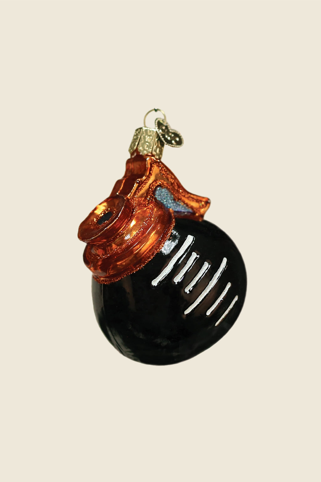 Kin Ship Goods glass coffee pot ornament with orange handle and glossy black finish, perfect gift for coffee lovers and holiday trees.