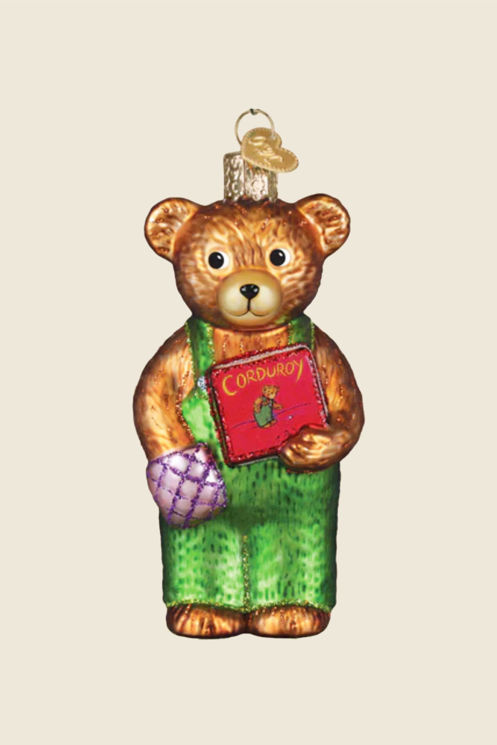 Corduroy Bear Holding Book Ornament