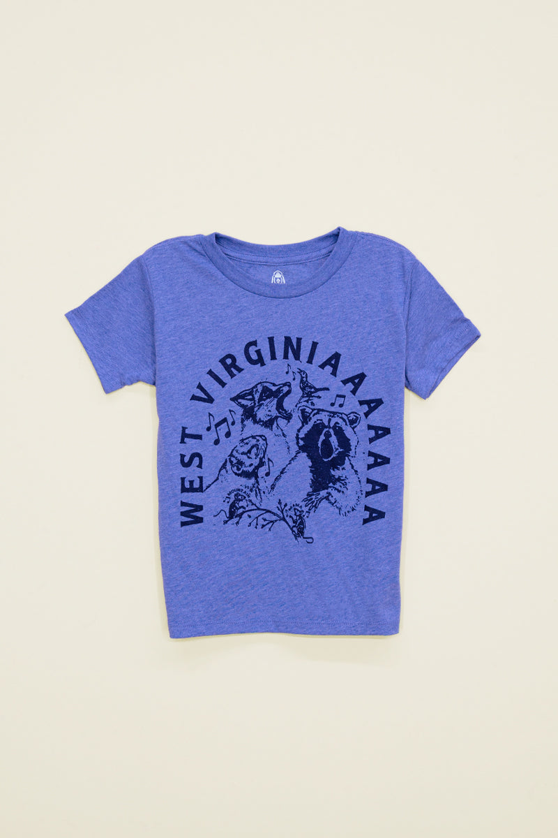 Kin Ship Goods Country Critters kid's tee in heather blue with howling woodland animals and ‘West Virginiaaaaa’ text in bold black ink.