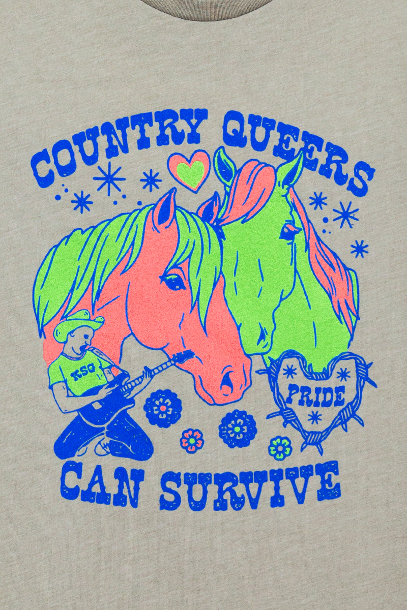 Kin Ship Goods Country Queers Can Survive Tee with neon horses and cowboy, celebrating rural queer pride and resilience.