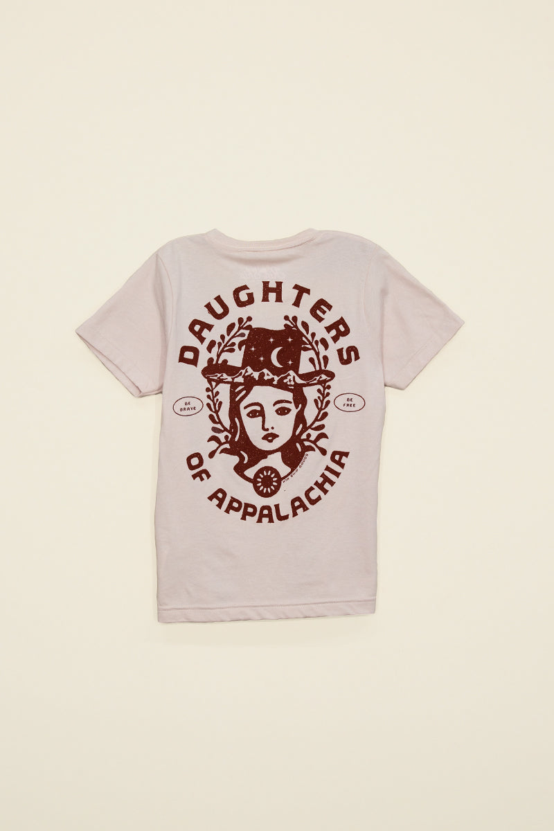 Kin Ship Goods kids tee with ‘Daughters of Appalachia’ graphic and folk-inspired portrait in earthy red ink.