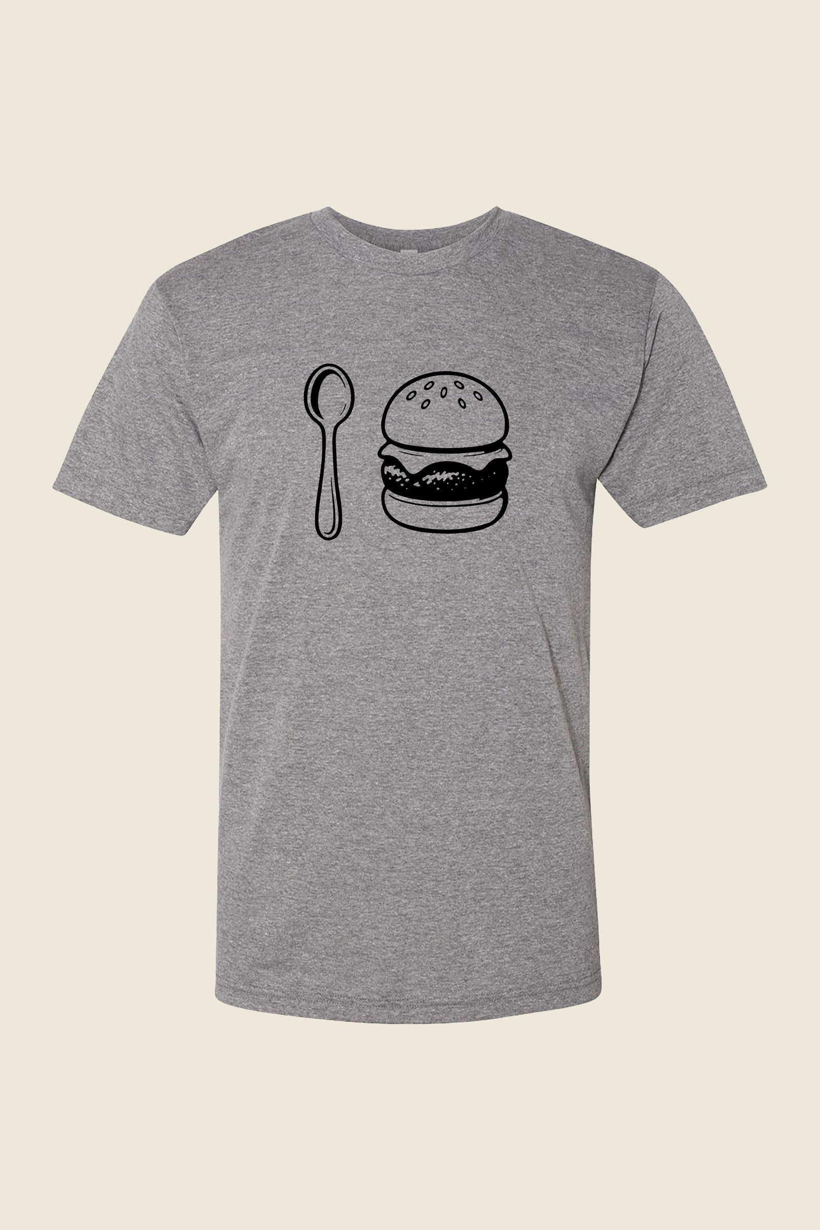 Kin Ship Goods heather gray tee with black line art of a spoon and burger honoring Doughboys podcast 10-year anniversary
