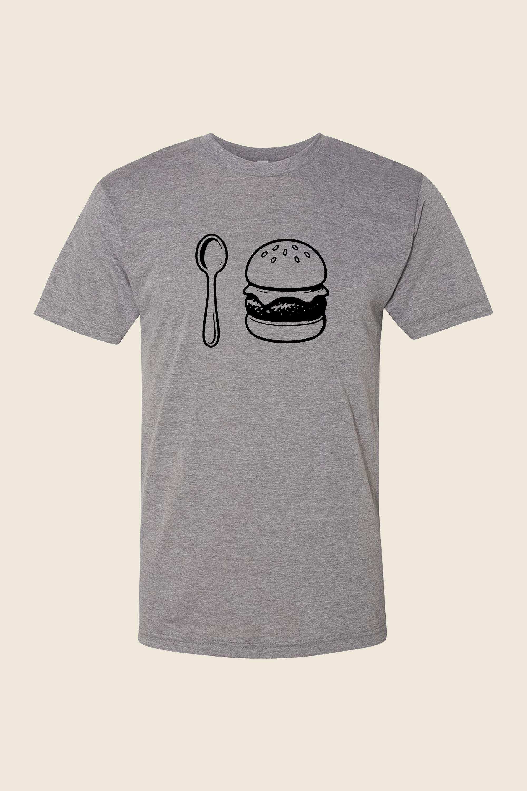 Kin Ship Goods heather gray tee with black line art of a spoon and burger honoring Doughboys podcast 10-year anniversary