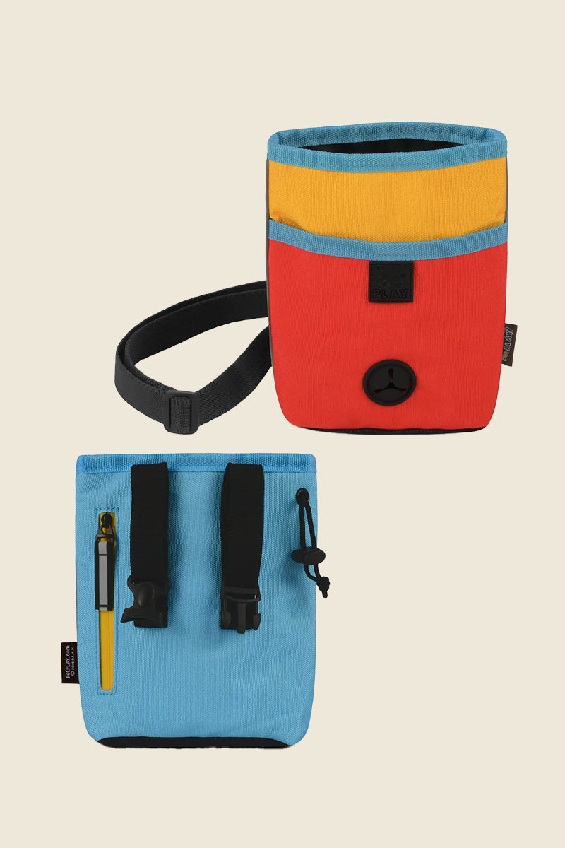 Scout & About Deluxe dog treat pouch with poop bag dispenser and crossbody strap, perfect for walking or training