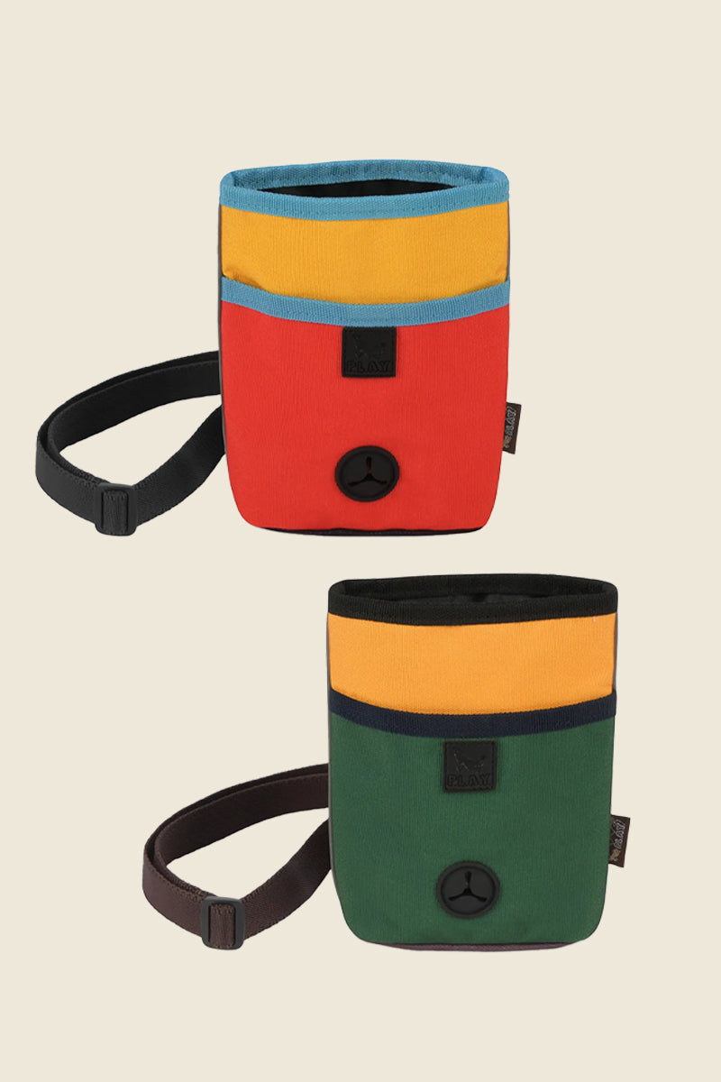 Scout & About Deluxe dog treat pouch with poop bag dispenser and crossbody strap, perfect for walking or training