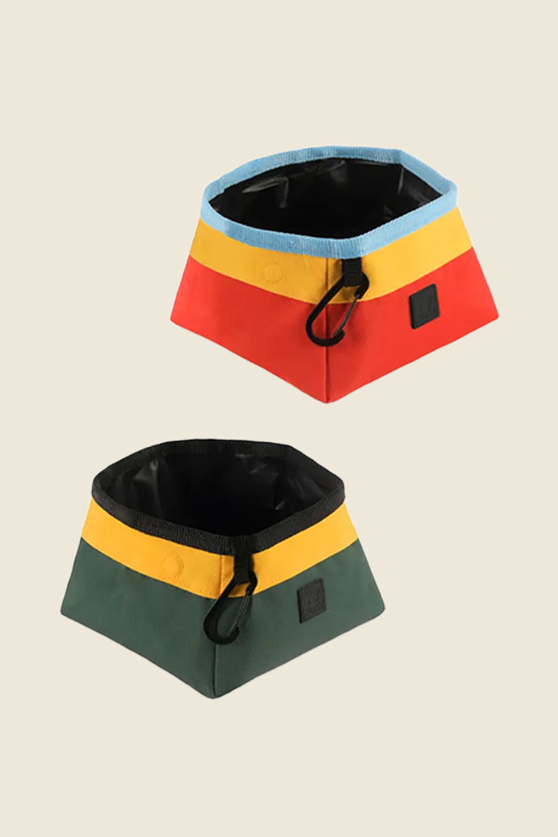 Kin Ship Goods collapsible travel dog bowl with carabiner clip, made from durable water-resistant fabric for outdoor hydration