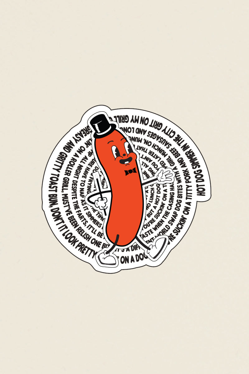 Let me be frank:Hot dog sticker from Kin Ship Goods x Doughboys Podcast, featuring a cartoon frank with spiral text—funny food-themed collectible for fans and snackheads.