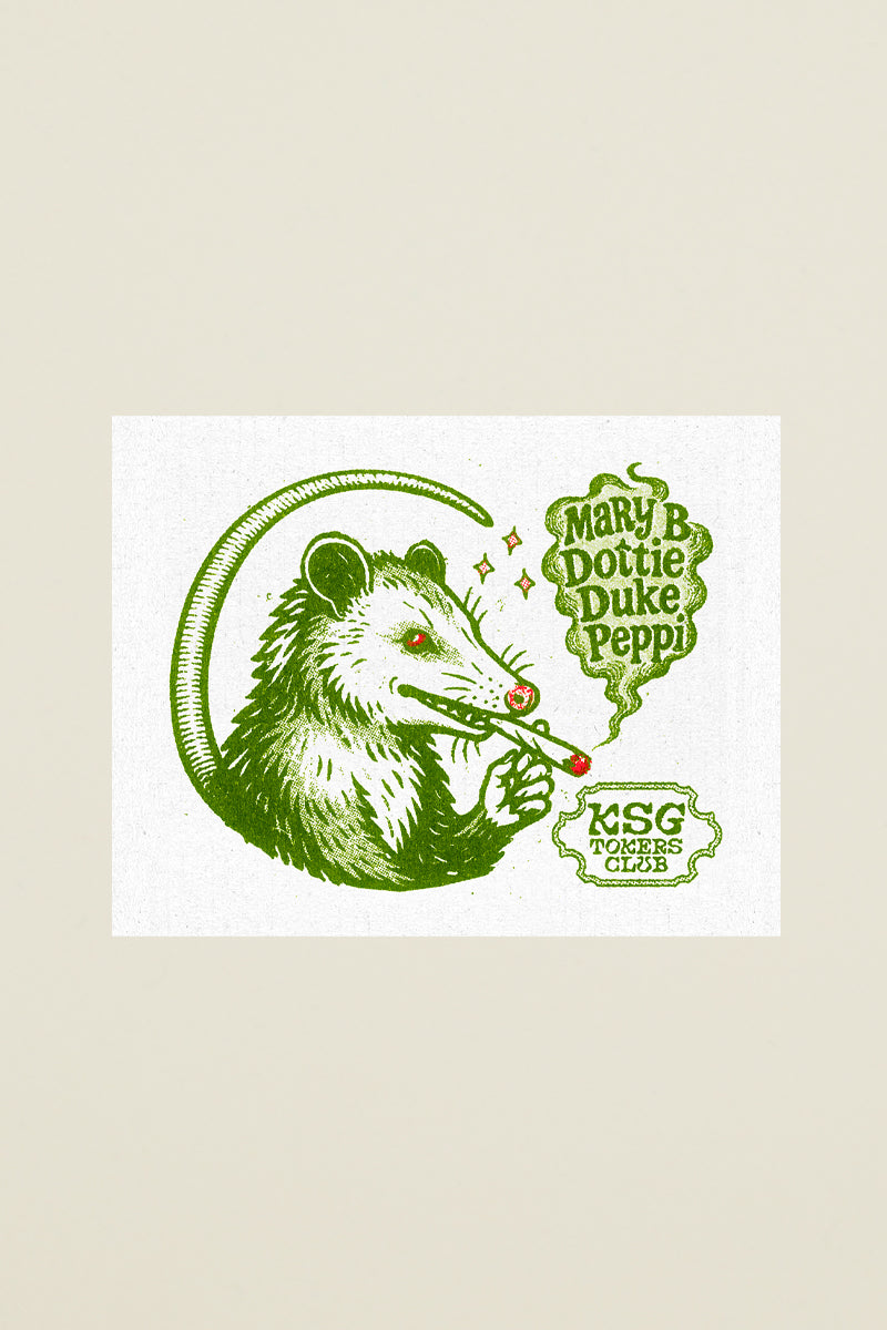 Kin Ship Goods Tokers Club possum design featuring biscuit sandwich names: Mary B., Dottie, Duke, and Peppi.