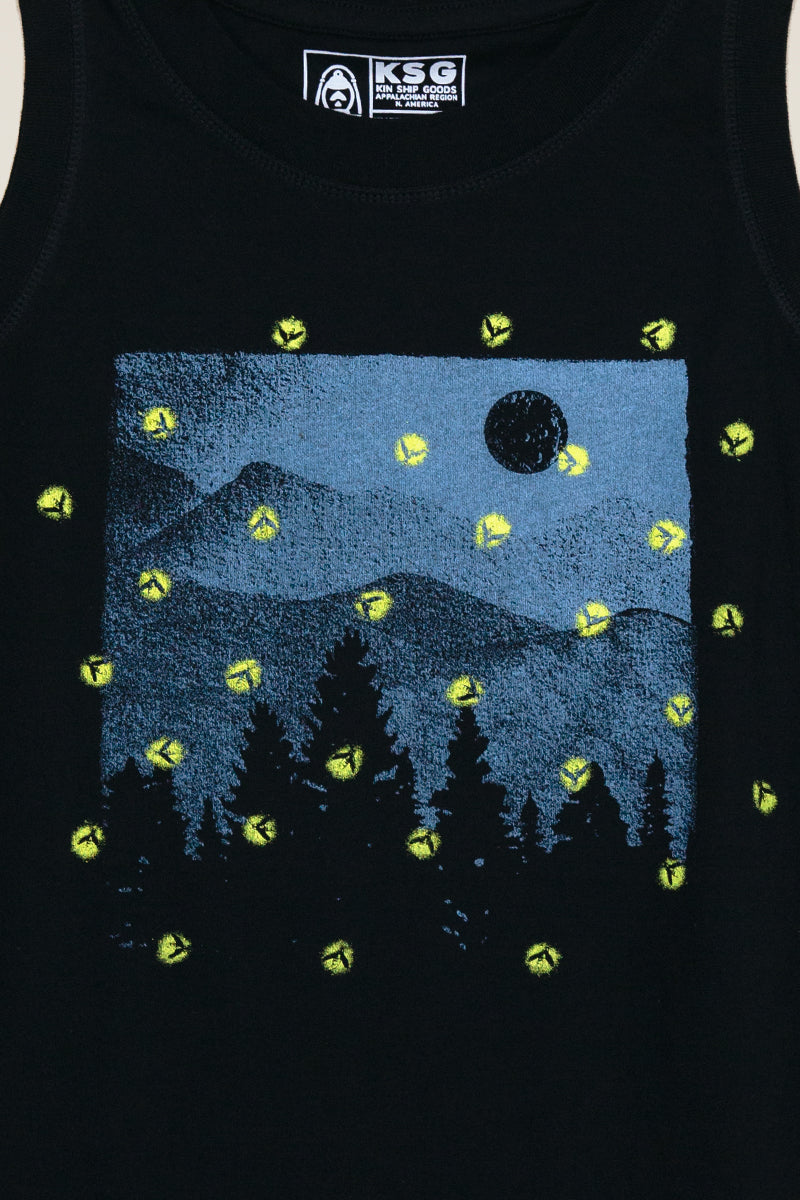 Kin Ship Goods black tank with blue mountain and bright yellow firefly print, soft cotton and unisex fit