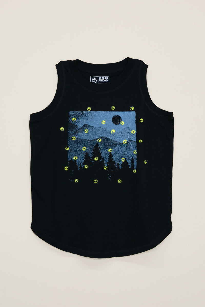 Kin Ship Goods black tank with blue mountain and bright yellow firefly print, soft cotton and unisex fit