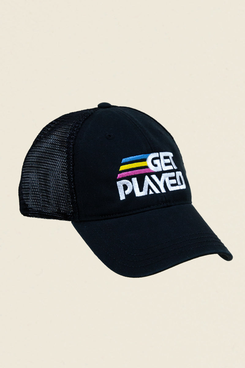 side viewget played podcast logo hat black kin ship goods dad hat