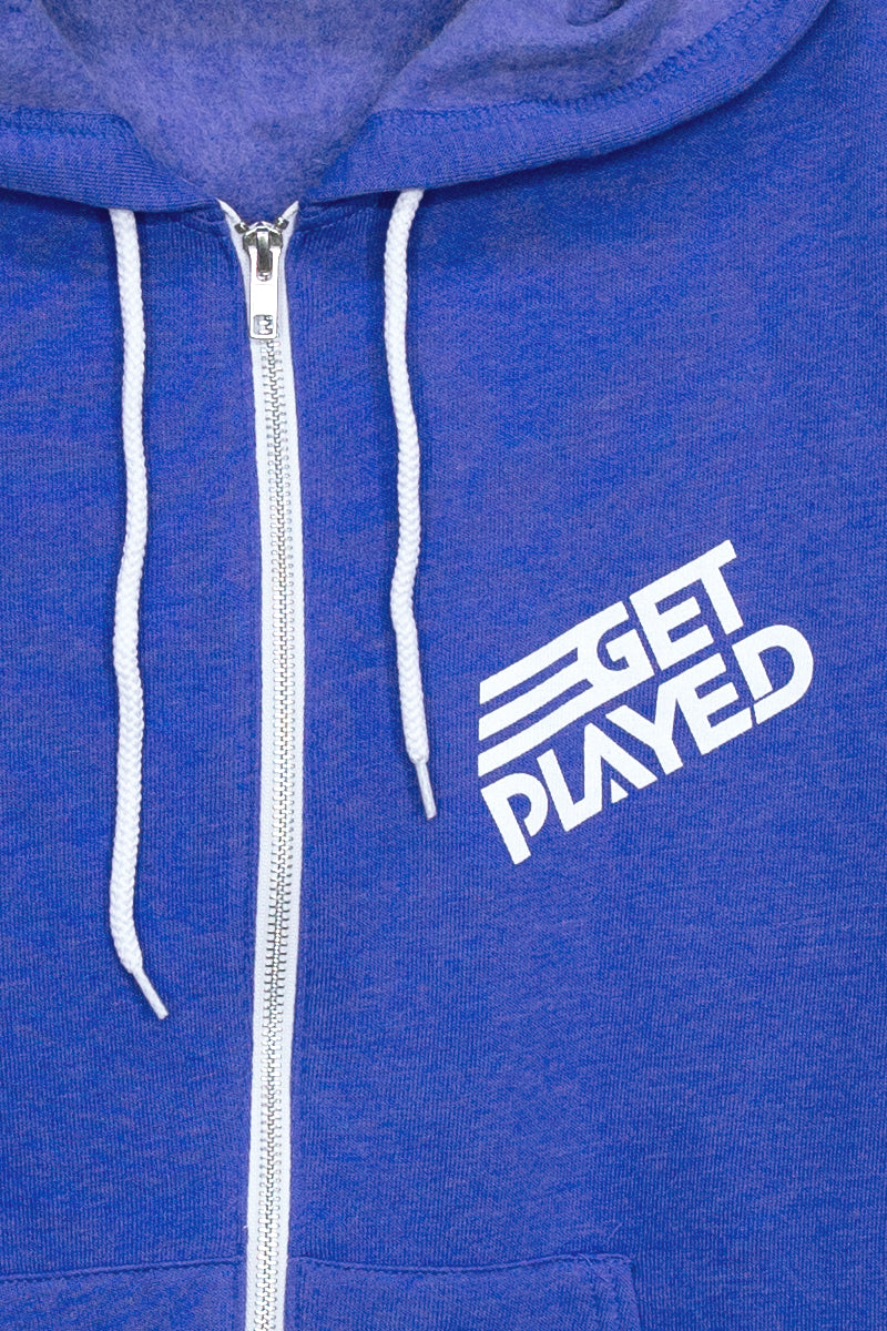 close up logo get played podcast zip up hoodie blue and white kin ship goods