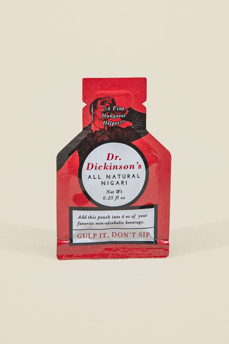 Dr. Dickinson’s Nigari pouch from Kin Ship Goods – all-natural mineral supplement and hangover helper. Just mix with water and gulp it down.