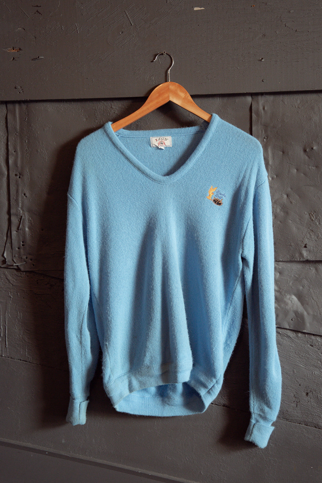 Light blue vintage Hawk's Nest v neck sweater. Kin Ship Goods.