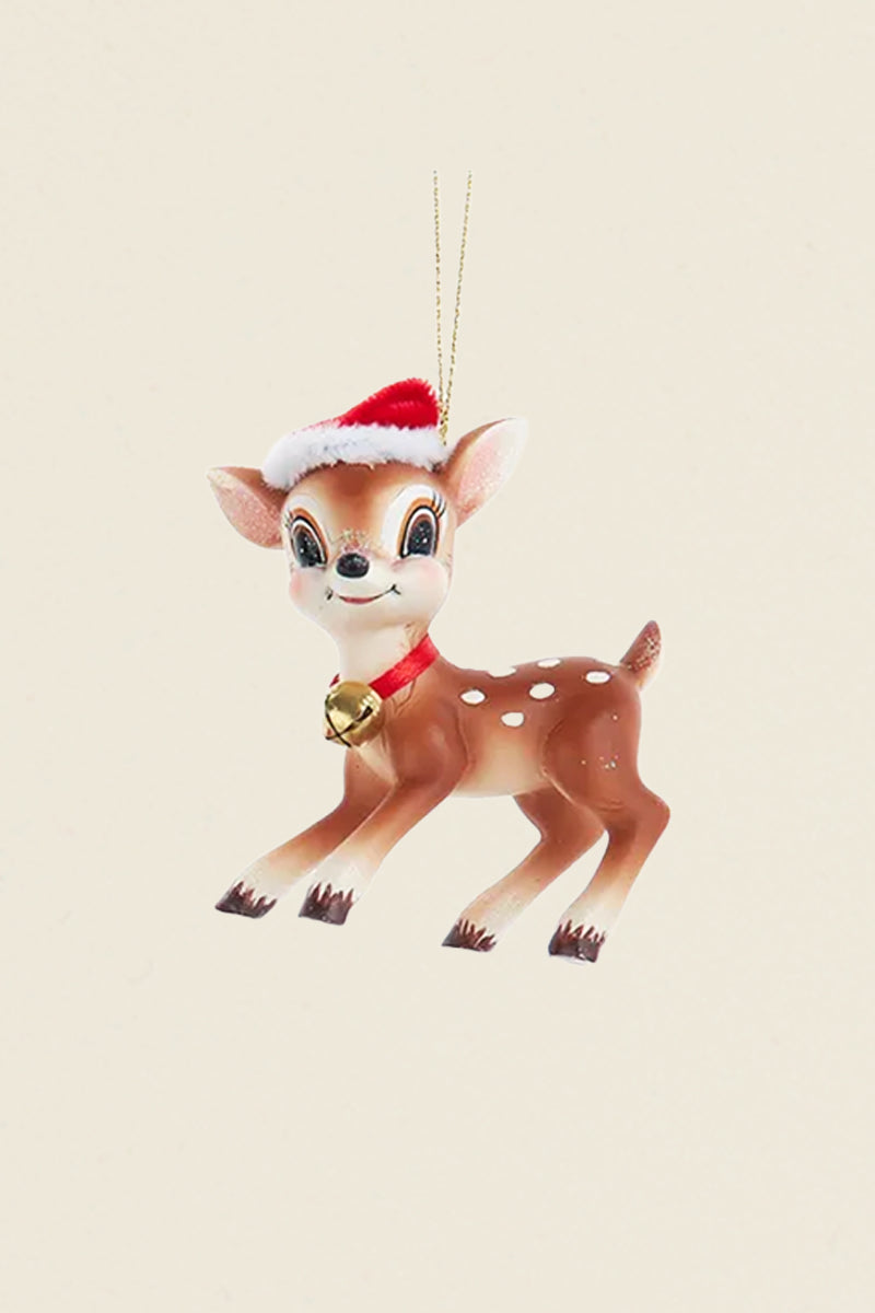 fawn wearing santa hat bell necklace ornament holiday product kin ship goods