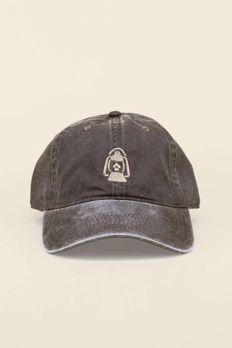 Kin Ship Goods brown lantern hat with tan embroidery—vintage-style dad cap with classic Appalachian lantern icon.

