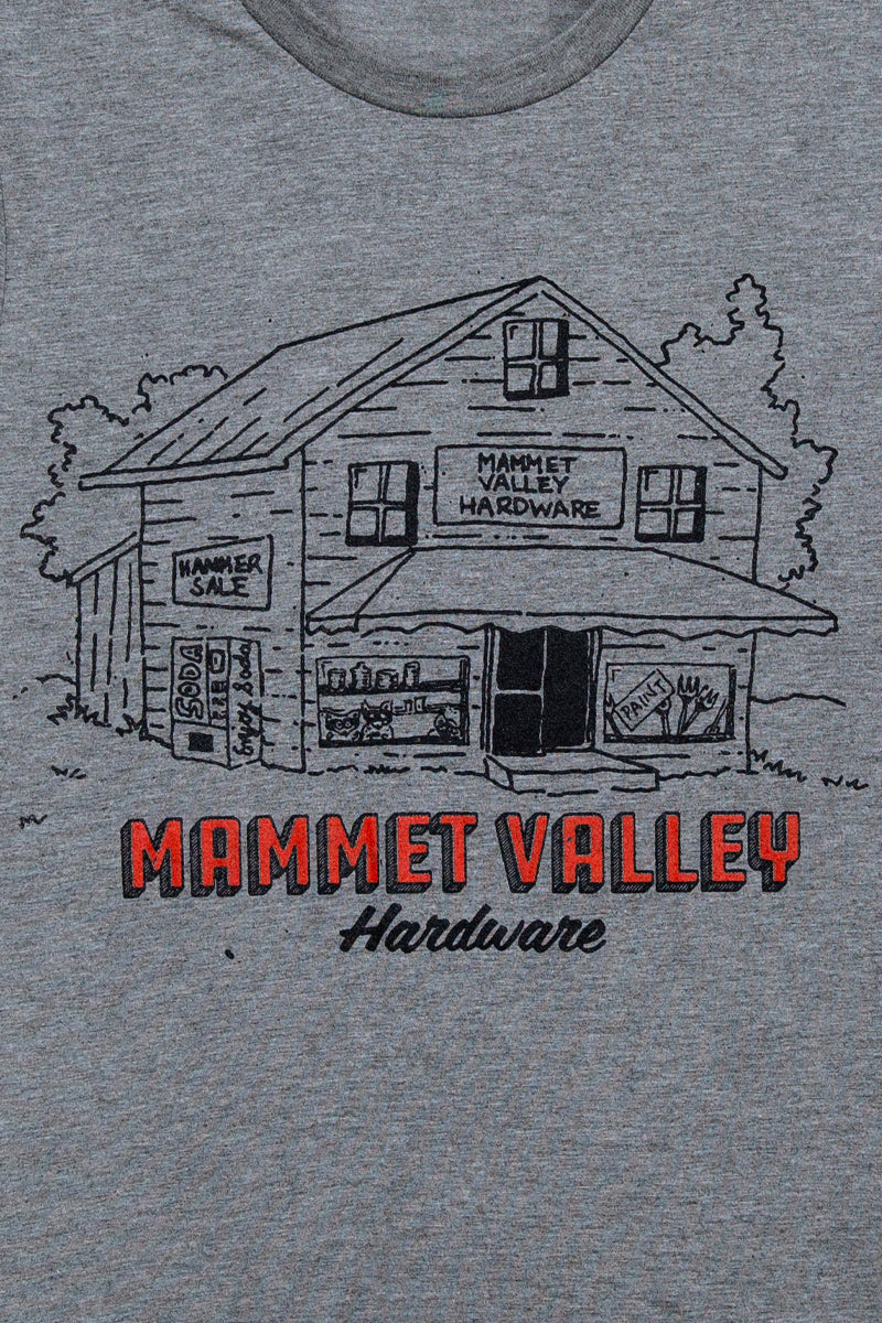 college town podcast mammet valley hardware t shirt grey black and red close  up kin ship goods