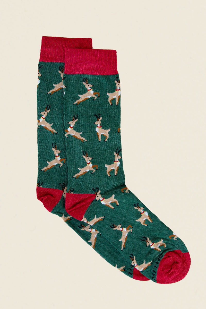 red and green leaping reindeer deer socks kin ship goods holiday product