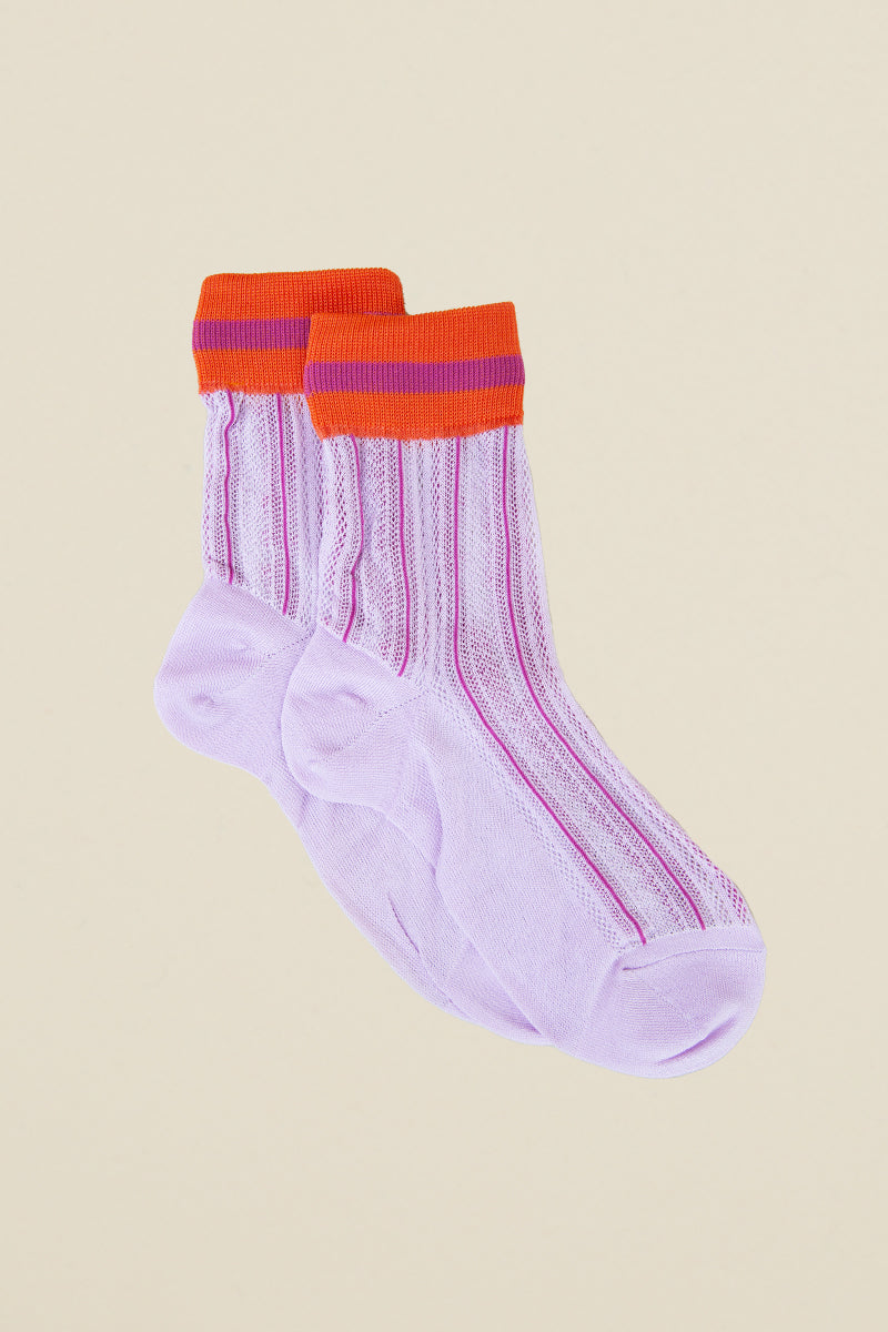 Kin Ship Goods: Lilac mesh ankle socks with orange and purple cuff and sporty vertical stripes.