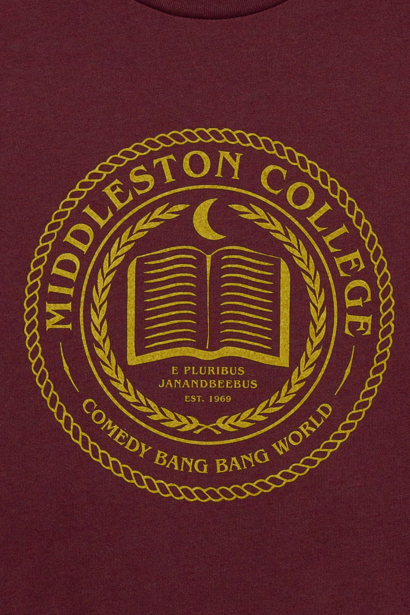 college town middleston college shirt close up comedy bang bang world x kin ship goods