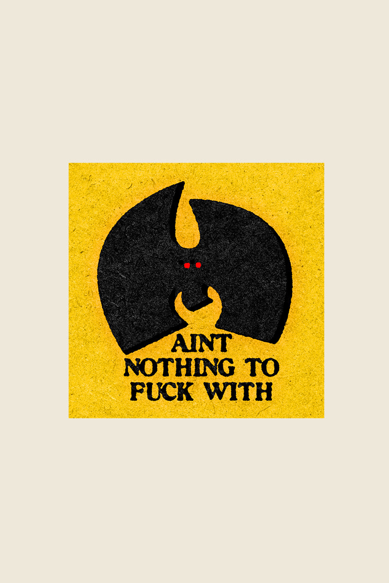 Kin Ship Goods Mothman vinyl sticker with glowing red eyes and black silhouette—Appalachian cryptid design with bold energy.