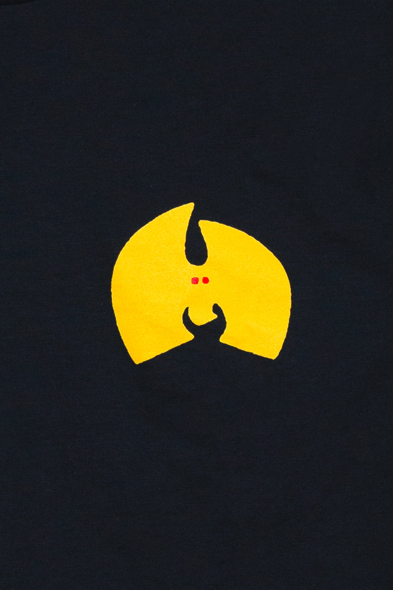 Kin Ship Goods Mothman Forever t-shirt with bold yellow chest graphic and red-eyed cryptid on black cotton tee.