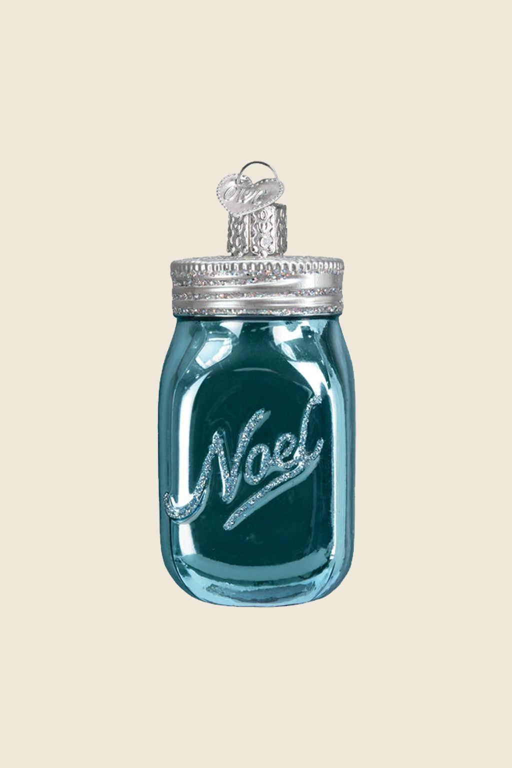 Kin Ship Goods teal mason jar ornament with silver lid and glittery Noel script, vintage-style Christmas décor