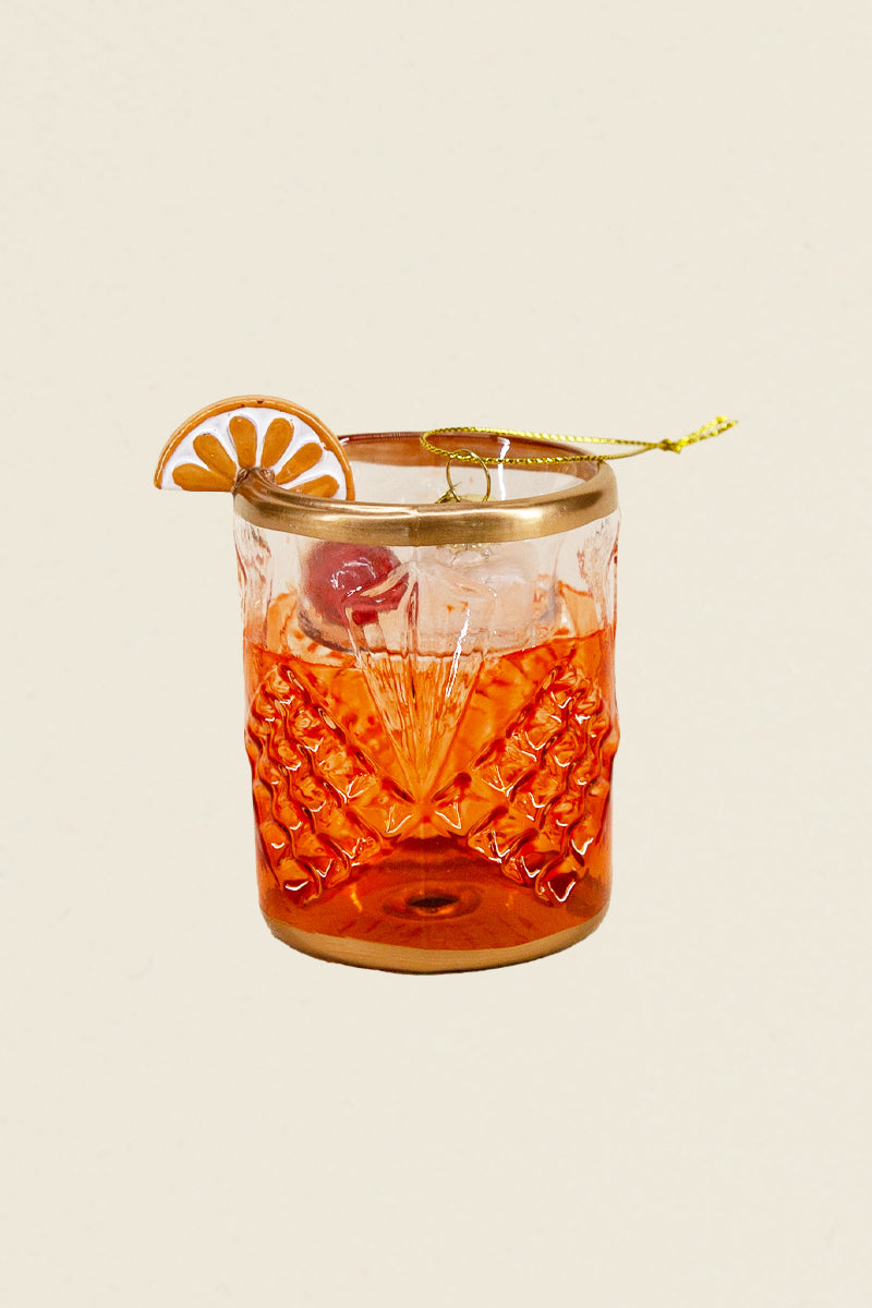 Old fashioned cocktail ornament with orange slice and cherry – Kin Ship Goods bar cart holiday décor