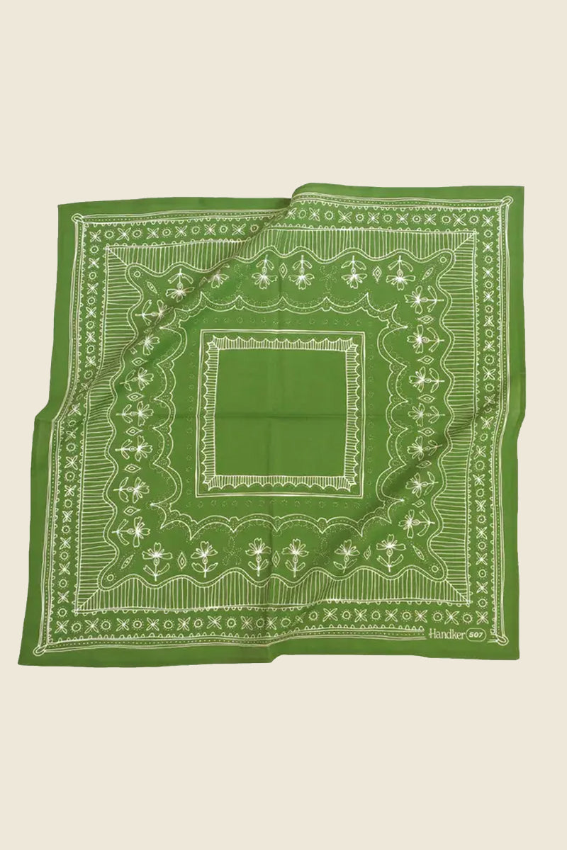 Kin Ship Goods green and white Patsy bandana with traditional hand-printed cotton design, 22x22 inches

