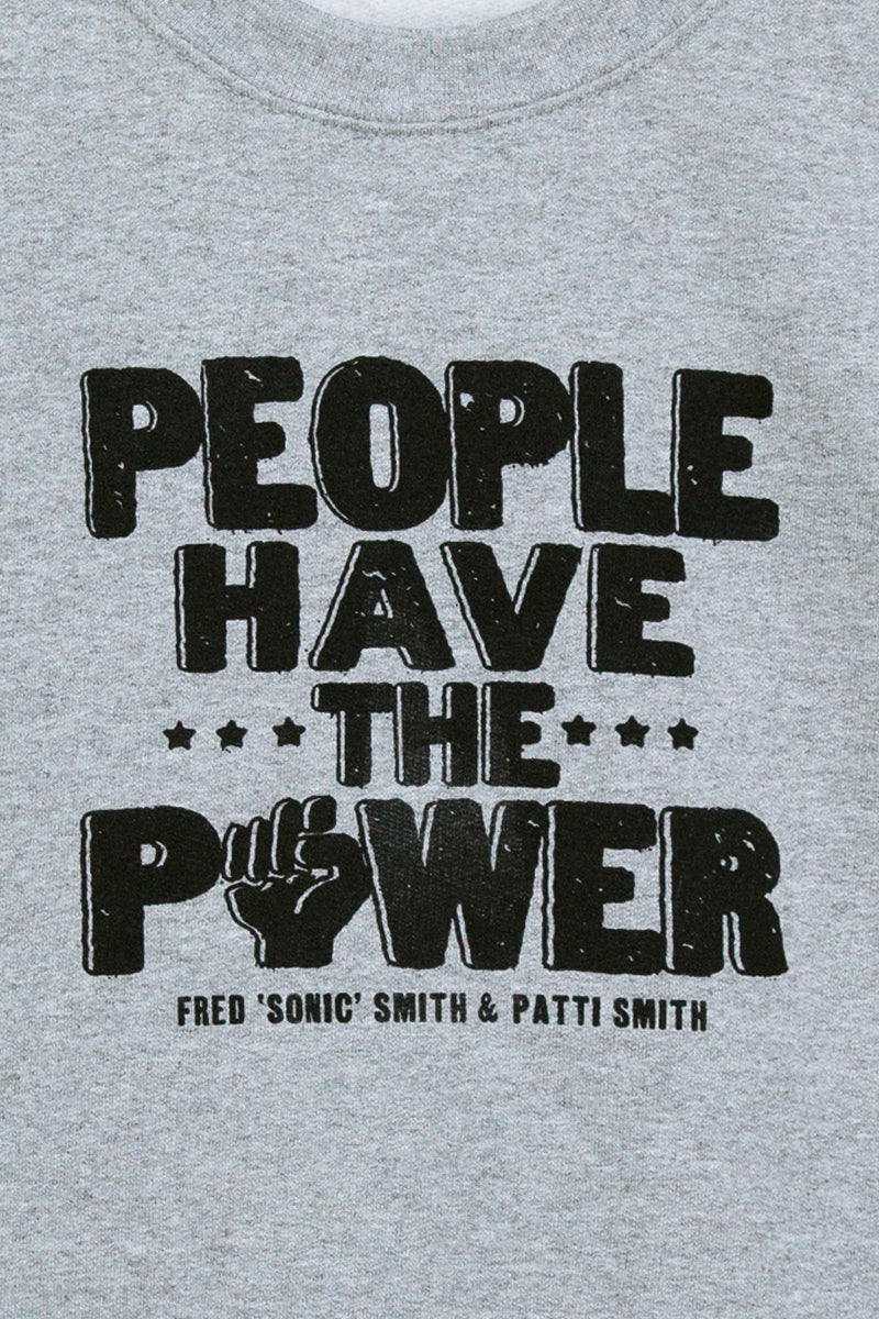 Kin Ship Goods heather grey sweatshirt with bold “People Have the Power” lyric design from our collab with Patti Smith.