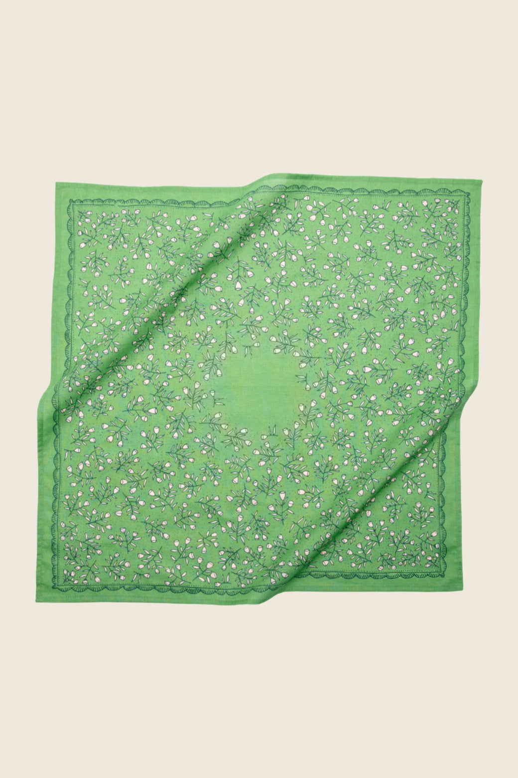 Hemlock Goods floral kelly green cotton bandana, perfect for hikes, pets, or styling outfits—designed in the USA. Sold by Kin Ship Goods.