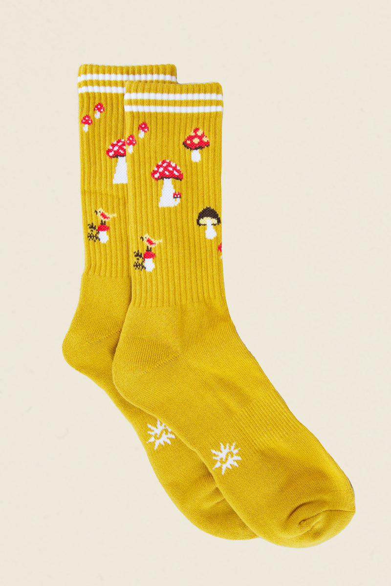 Yellow socks with various mushroom pattern Kin Ship Goods