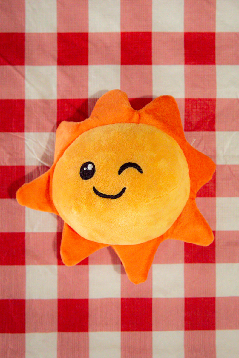 Kin Ship Goods plush sunshine dog toy with a winking face—soft and squeaky for playful pups who love cute, cheerful toys.
