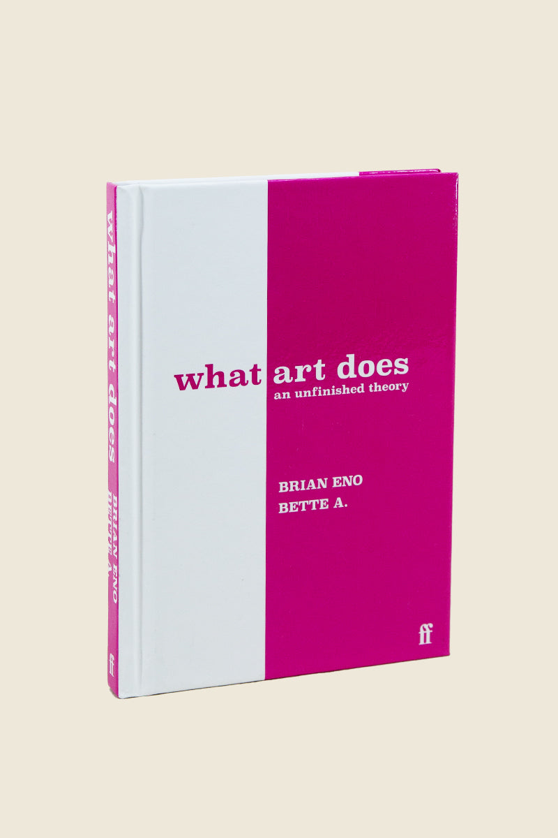 What Art Does book by Brian Eno in magenta and white cover, ideal for art lovers and design thinkers.