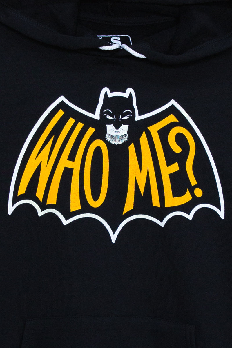 Who Me? Batmin sweatshirt close up Kin Ship Goods Comedy Bang Bang