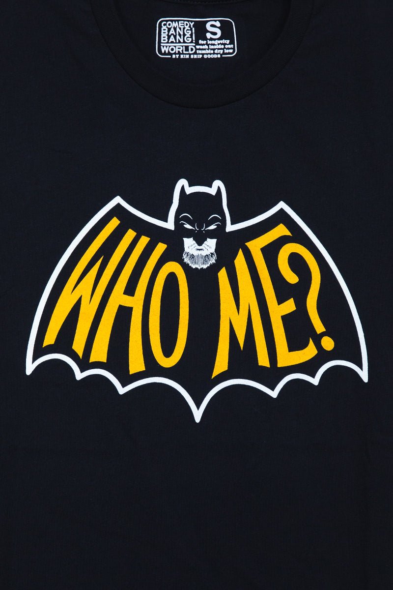 who me logo tee close up kin ship goods comedy bang bang merch